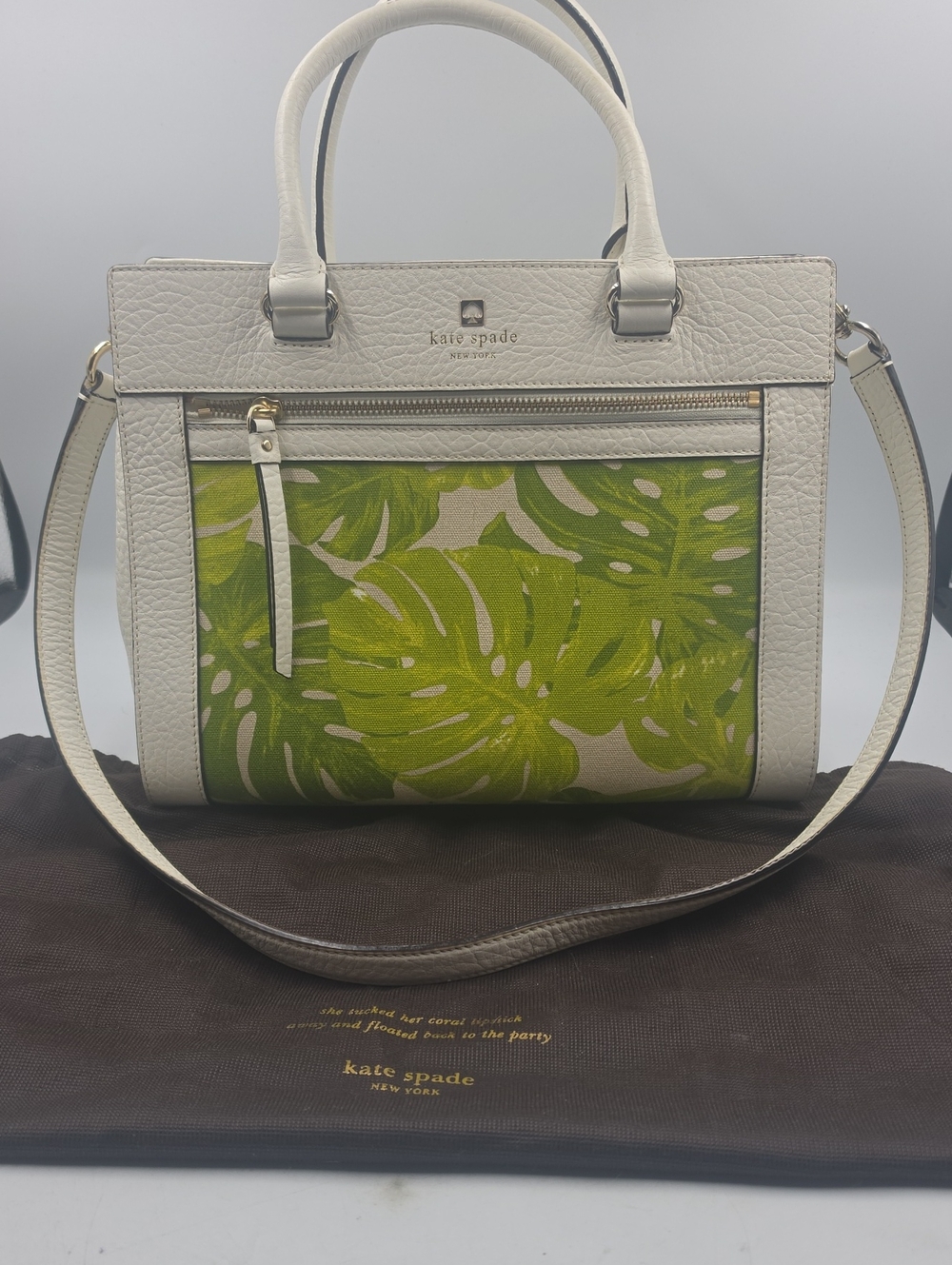 Kate Spade White Leather Satchel with Green Leaf Print